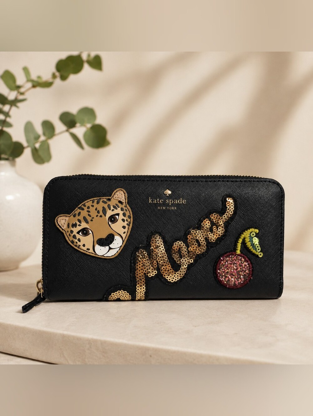 Kate Spade Novelty Run Wild Leopard Neda Meow Sequin Zip Wallet EUC